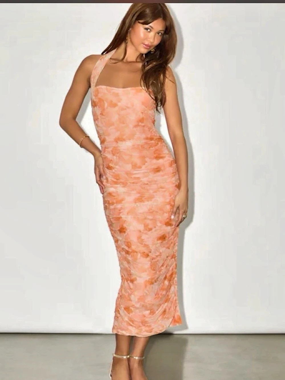 Lulus Ruched Midi Dress in Orange & Pink NWT